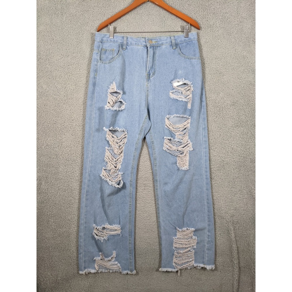 Womens Jeans L Blue Light Wash High Rise Distressed Grunge Y2K 90s Streetwear